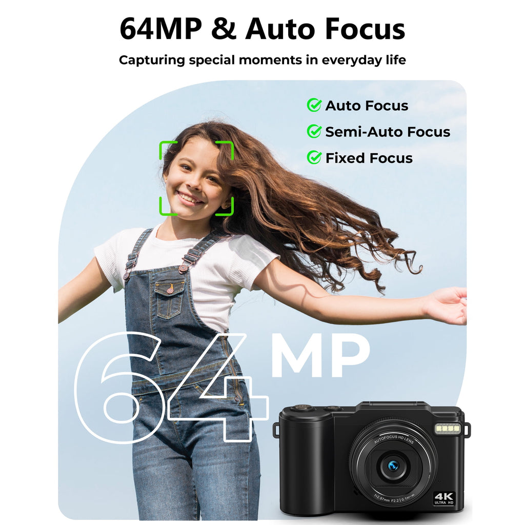 SEREE Digital Camera 4K 64MP Vlogging Camera for Photography, 18x Zoom, Autofocus, Flip Screen with 32GB Card