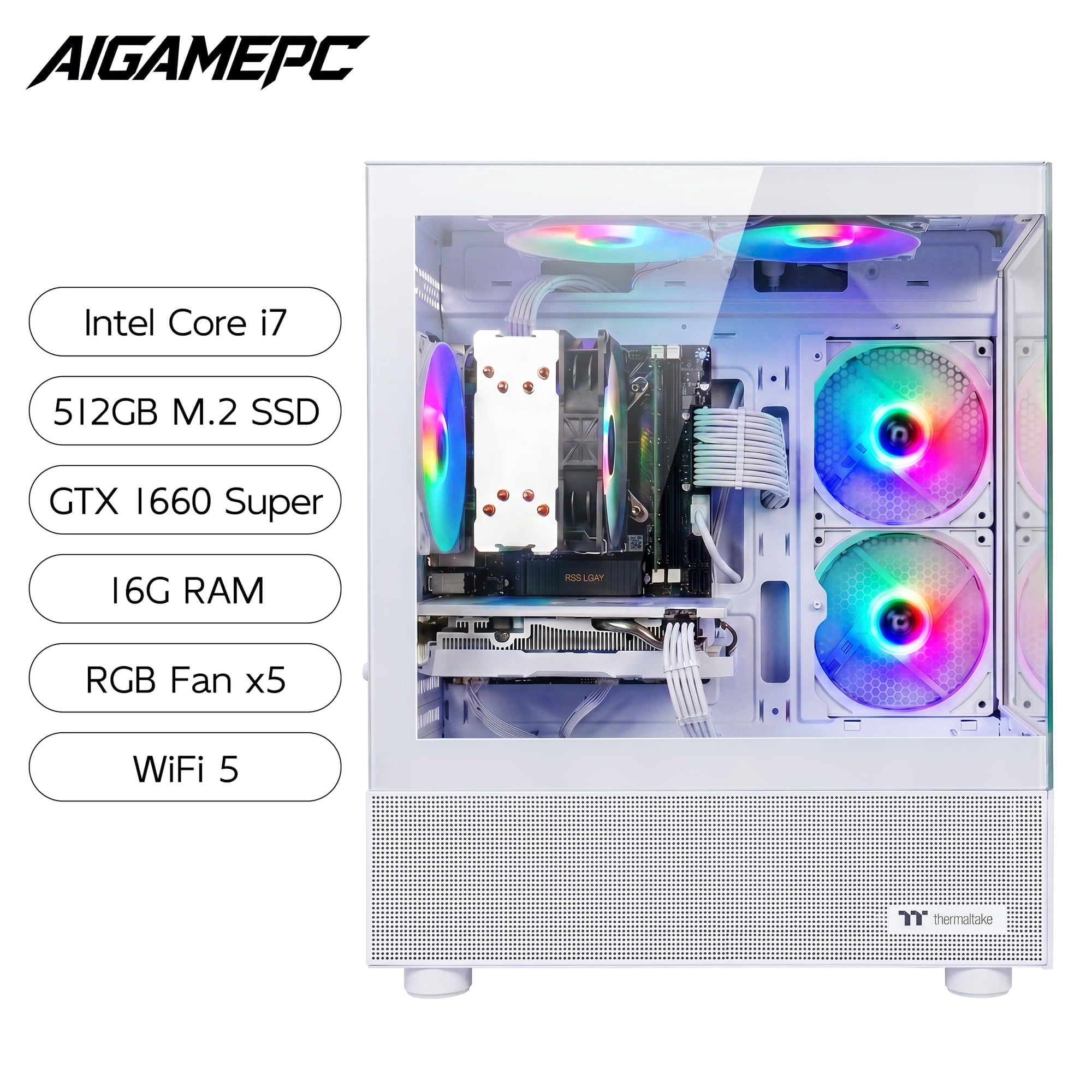 AIGAMEPC Gaming PC Desktop Computer, Intel Core i7 up to 4.0GHz, GTX 1660 Super 6GB, 16GB RAM, 512GB M.2 SSD, BX3 550W 80PLUS Bronze PSU, WiFi 5, RGB Fan x5, Windows 11 Home, White PC