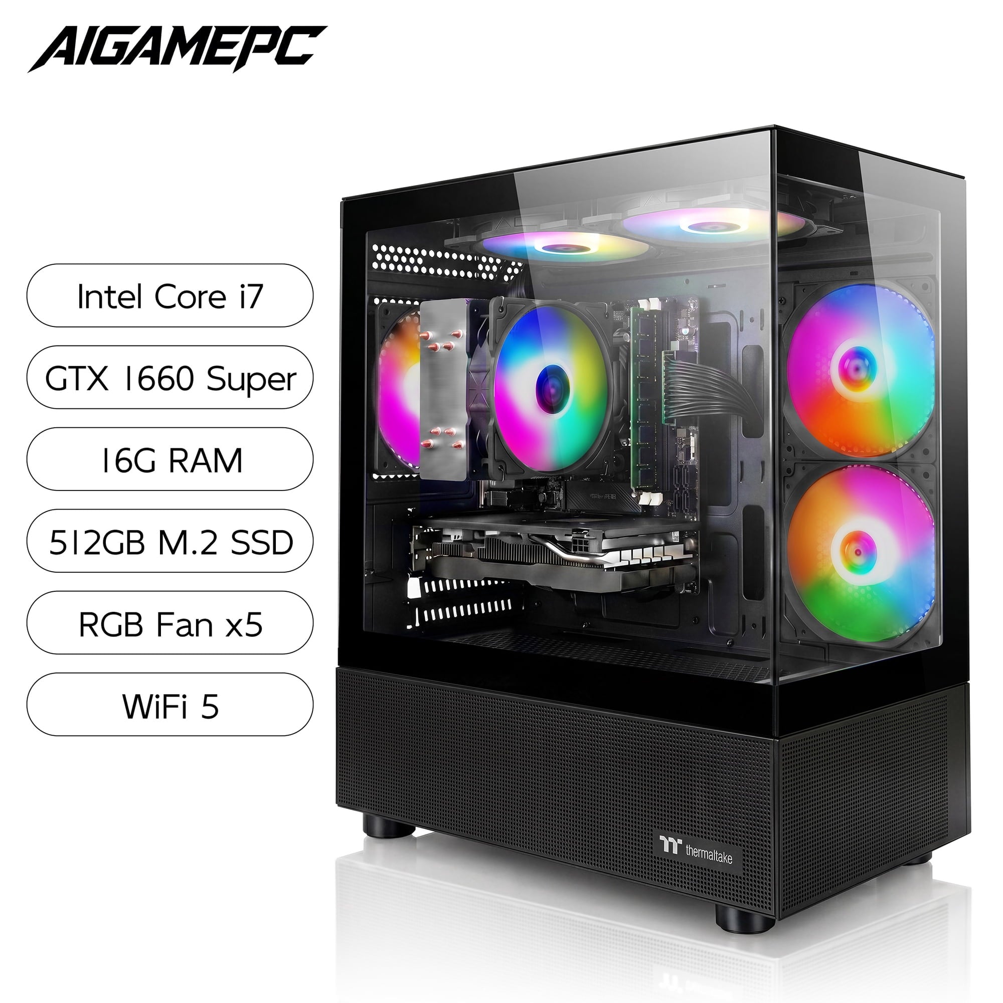 AIGAMEPC Gaming PC Desktop Computer, Intel Core i7 up to 4.0GHz, GTX 1660 Super 6GB, 16GB RAM, 512GB M.2 SSD, BX3 550W 80PLUS Bronze PSU, WiFi 5, RGB Fan x5, Windows 11 Home (Black)